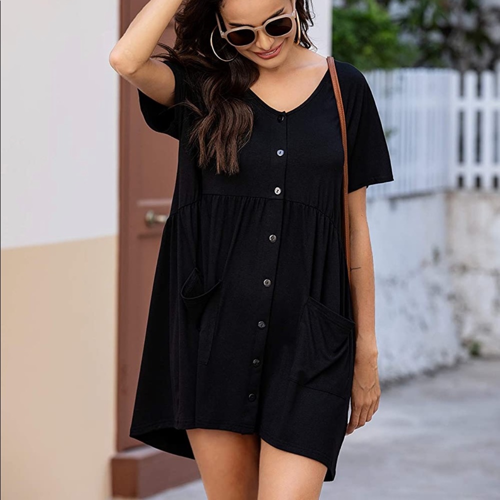 🖤Hotouch V Neck Button Down Short Sleeve Dress